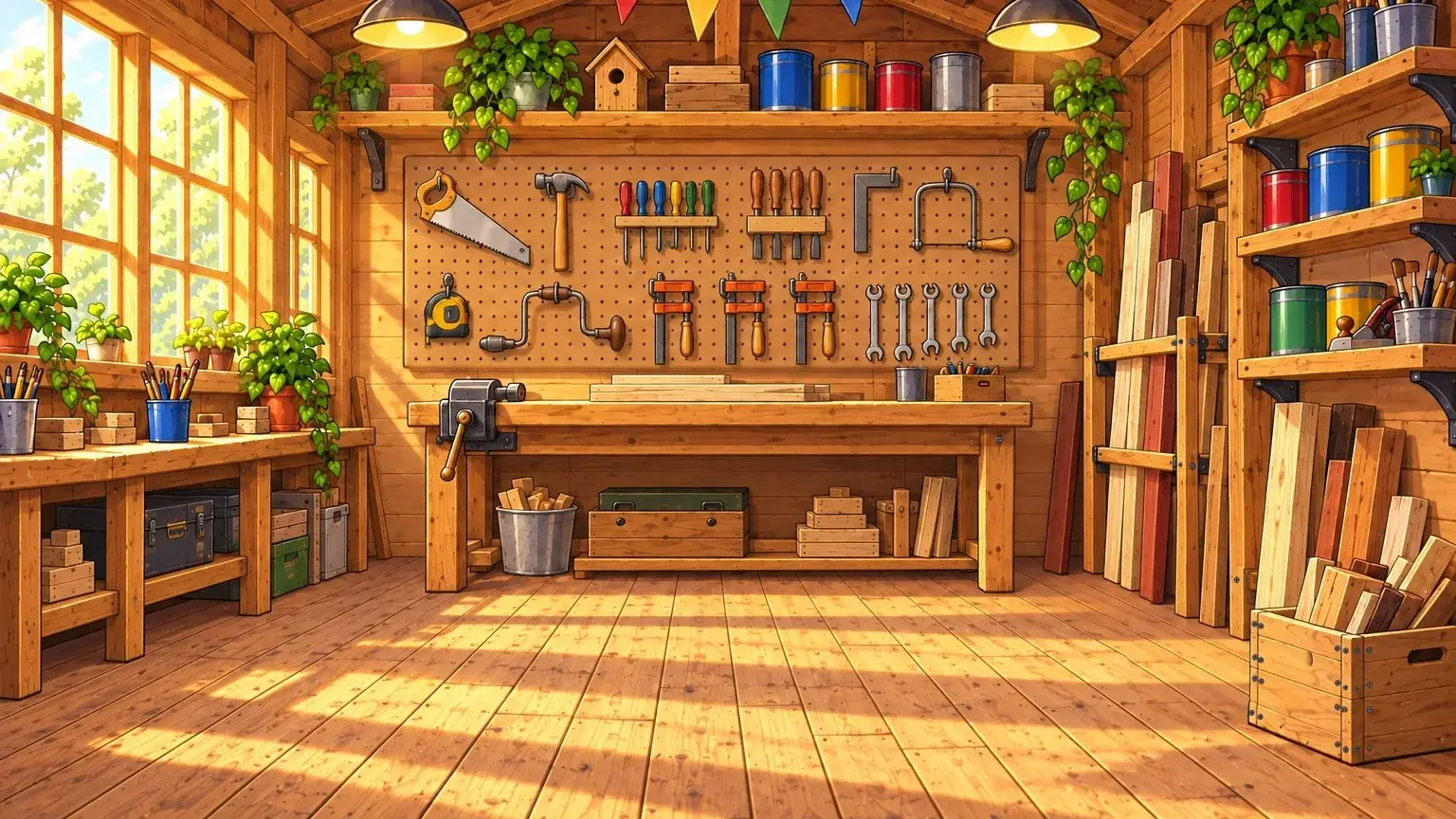 The crew's clubhouse woodshop: a sunny window over a low bench, a long workbench under a pegboard of hand tools, shelves of paint cans and a rack of boards.
